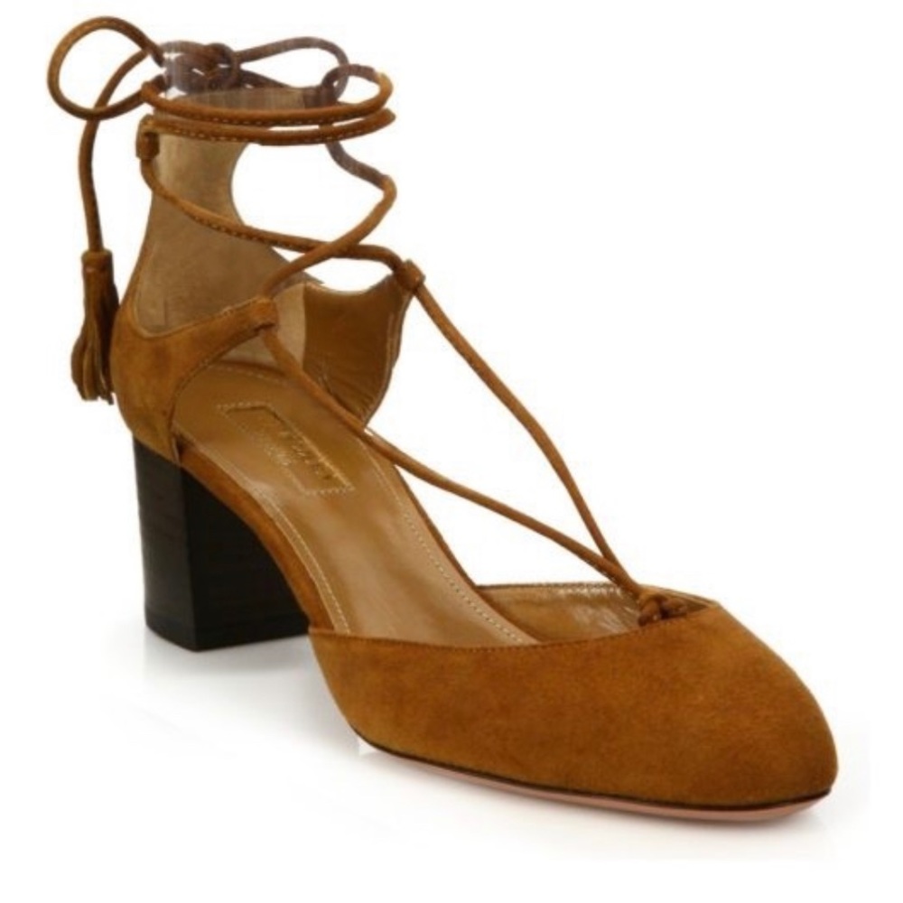 Aquazzura Boheme camel suede lace up block heels